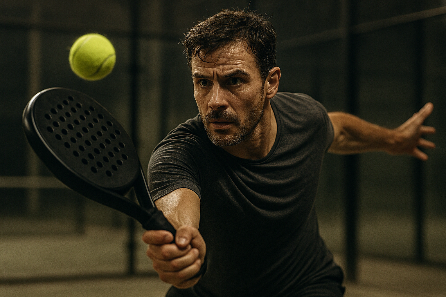 Padel player reaching for a forehand on an indoor court